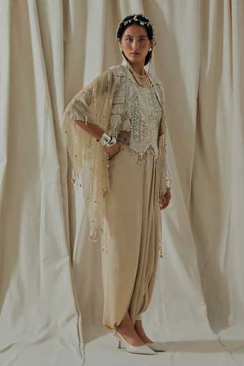 Aseem Kapoor_Beige Organza, Silk, Satin, Net Square Veni Embroidered Jacket Dhoti Pant Set _at_Aza_Fashions