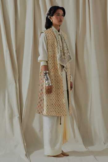 Aseem Kapoor_Beige Collared Hina Printed Trench Coat _Online_at_Aza_Fashions