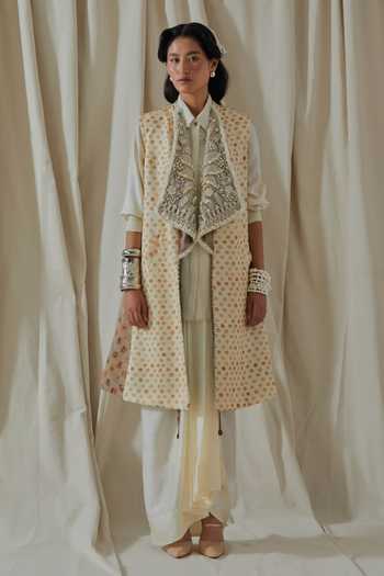 Shop_Aseem Kapoor_Beige Collared Hina Printed Trench Coat _Online_at_Aza_Fashions