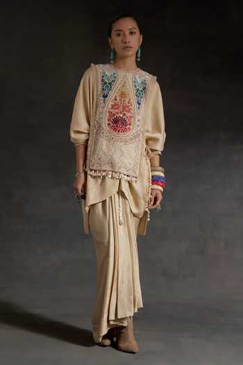 Buy_Aseem Kapoor_Blue Silk Beads, Mirrors, Tassels Round Neck Vianna Embroidered Bib _Online_at_Aza_Fashions