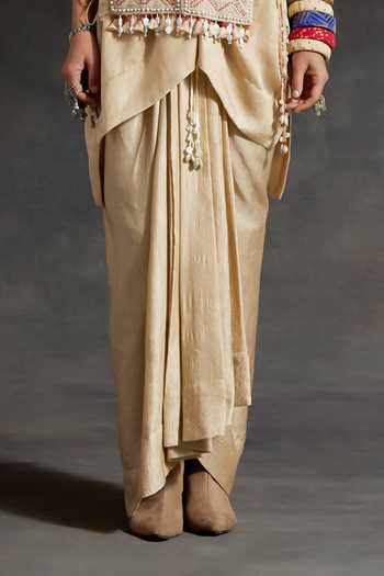 Buy_Aseem Kapoor_Beige Silk Beads, Tassels Round Neck Vianna Embroidered Bib And Kurta Set _Online_at_Aza_Fashions