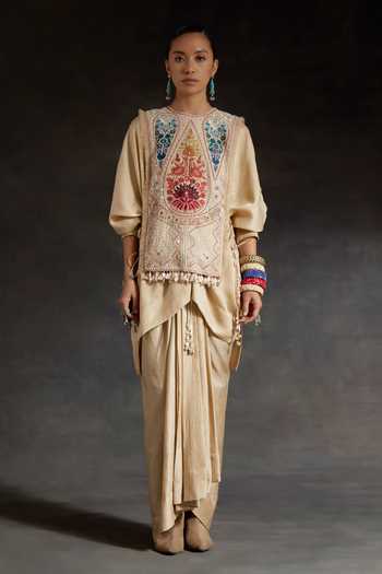 Aseem Kapoor_Beige Silk Beads, Tassels Round Neck Vianna Embroidered Bib And Kurta Set _at_Aza_Fashions