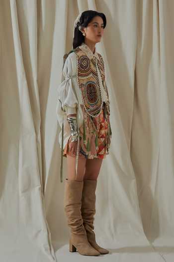 Buy_Aseem Kapoor_White Linen, Satin, Silk, Cotton Zuri Embroidered Gilet And Printed Shorts Set _Online_at_Aza_Fashions