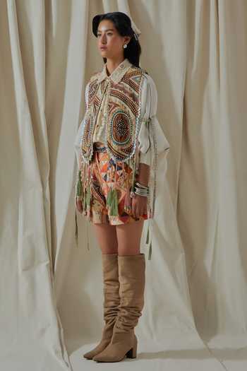 Aseem Kapoor_White Linen, Satin, Silk, Cotton Zuri Embroidered Gilet And Printed Shorts Set _at_Aza_Fashions