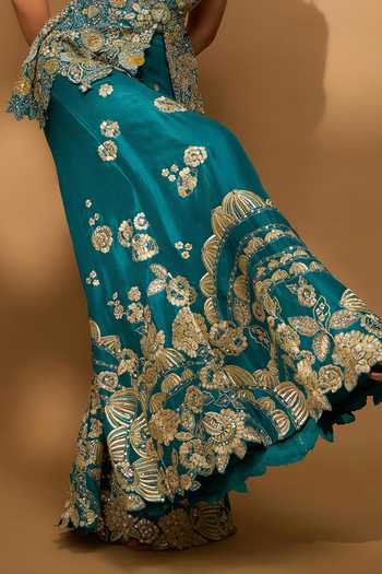 Osaa By Adarsh_Green Silk Embroidery, Zari V-neck Pine Peplum Top And Gharara Set _at_Aza_Fashions