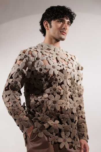 Jubinav Chadha_Beige Suede Fabric Flowers 3d Quilted Ombre Sweatshirt _Online_at_Aza_Fashions