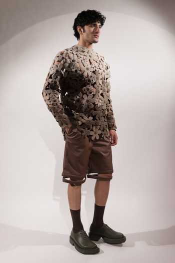 Shop_Jubinav Chadha_Beige Suede Fabric Flowers 3d Quilted Ombre Sweatshirt _Online_at_Aza_Fashions