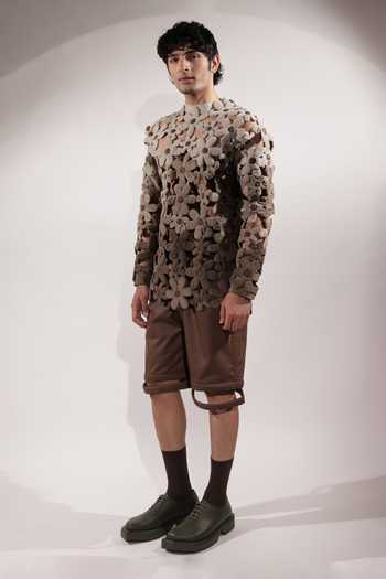 Jubinav Chadha_Beige Suede Fabric Flowers 3d Quilted Ombre Sweatshirt _at_Aza_Fashions