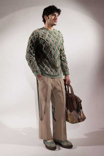 Jubinav Chadha_Green Suede Interwoven And Beige Sweatshirt _Online_at_Aza_Fashions