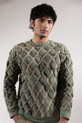 Buy_Jubinav Chadha_Green Suede Interwoven And Beige Sweatshirt 