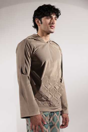 Jubinav Chadha Beige Suede Panel Woven Pocket Detail Hoodie at Aza Fashions Jubinav Chadha_Beige Suede Panel Woven Pocket Detail Hoodie _at_Aza_Fashions