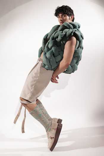 Jubinav Chadha_Beige Suede Levitating Effect Tailored Shorts _Online_at_Aza_Fashions