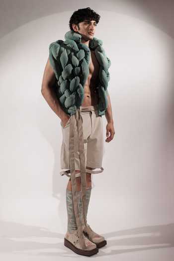 Buy_Jubinav Chadha_Beige Suede Levitating Effect Tailored Shorts _Online_at_Aza_Fashions