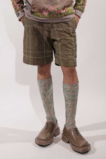 Shop_Jubinav Chadha_Olive Green Linen Kantha Detailing Woven Shorts _Online_at_Aza_Fashions