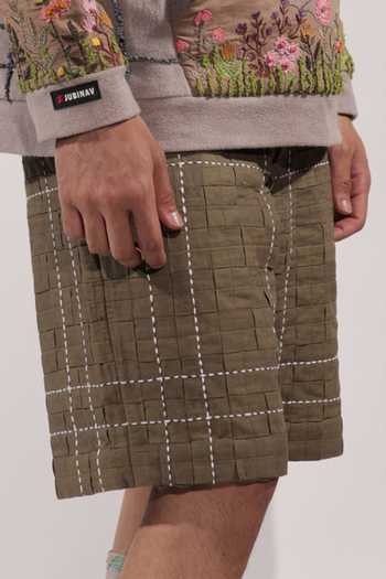 Jubinav Chadha_Olive Green Linen Kantha Detailing Woven Shorts _at_Aza_Fashions