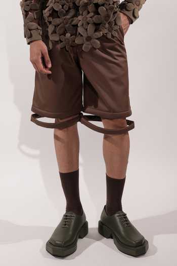 Jubinav Chadha_Brown Leatherette Levitating Effect Tailored Shorts _Online_at_Aza_Fashions