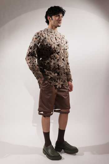 Buy_Jubinav Chadha_Brown Leatherette Levitating Effect Tailored Shorts _Online_at_Aza_Fashions