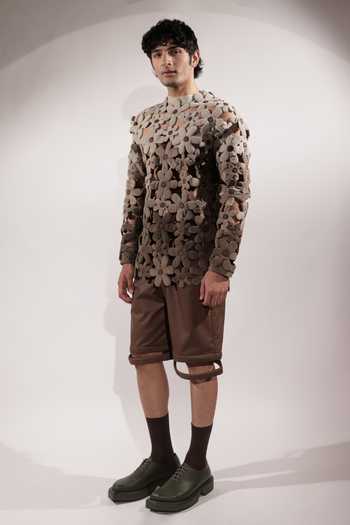 Shop_Jubinav Chadha_Brown Leatherette Levitating Effect Tailored Shorts _Online_at_Aza_Fashions
