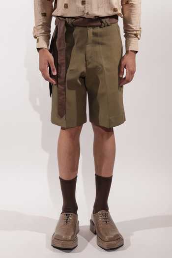 Jubinav Chadha_Olive Green Linen Kantha Detailing Shorts _Online_at_Aza_Fashions