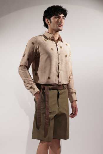 Buy_Jubinav Chadha_Olive Green Linen Kantha Detailing Shorts _Online_at_Aza_Fashions