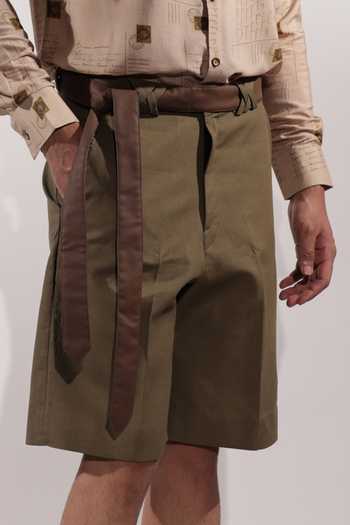 Shop_Jubinav Chadha_Olive Green Linen Kantha Detailing Shorts _Online_at_Aza_Fashions