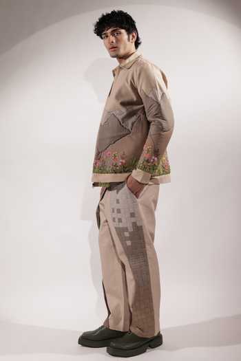 Jubinav Chadha_Beige Linen Mountain Patchwork And Embroidered Jacket _Online_at_Aza_Fashions