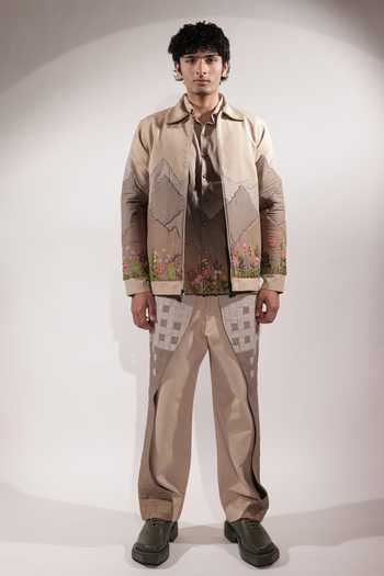 Shop_Jubinav Chadha_Beige Linen Mountain Patchwork And Embroidered Jacket _Online_at_Aza_Fashions