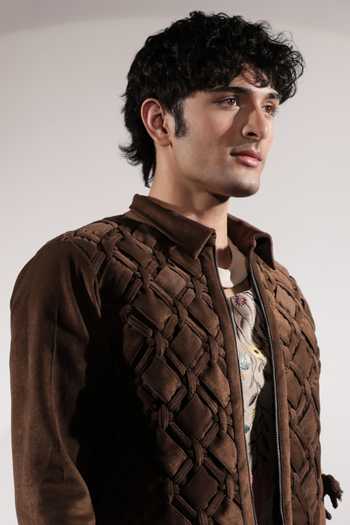 Shop Jubinav Chadha Brown Suede Back Pocket Detailing Woven Jacket Online at Aza Fashions Shop_Jubinav Chadha_Brown Suede Back Pocket Detailing Woven Jacket _Online_at_Aza_Fashions