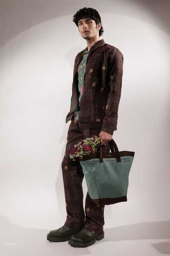 Jubinav Chadha_Beige Crepe Dual Postcard Print Reversible Jacket _Online_at_Aza_Fashions