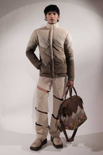 Jubinav Chadha_Beige Suede Mountain Inspired Quilted Puffer Jacket _Online_at_Aza_Fashions
