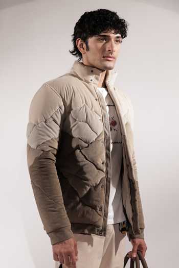 Shop_Jubinav Chadha_Beige Suede Mountain Inspired Quilted Puffer Jacket _Online_at_Aza_Fashions
