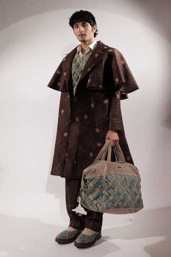 Jubinav Chadha_Brown Crepe Postcard Print Flared Trench Coat _Online_at_Aza_Fashions