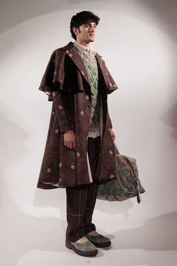 Buy_Jubinav Chadha_Brown Crepe Postcard Print Flared Trench Coat _Online_at_Aza_Fashions