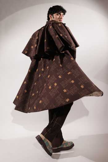Shop_Jubinav Chadha_Brown Crepe Postcard Print Flared Trench Coat _Online_at_Aza_Fashions