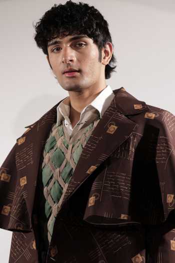 Jubinav Chadha_Brown Crepe Postcard Print Flared Trench Coat _at_Aza_Fashions