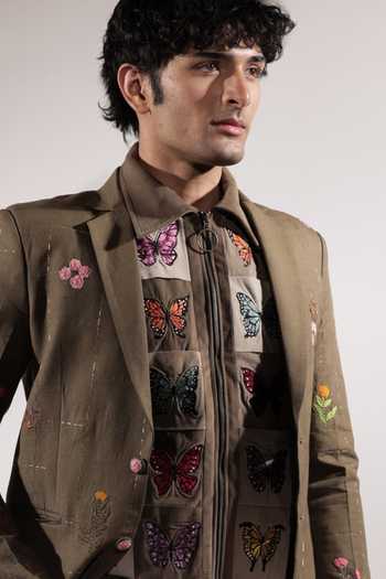 Jubinav Chadha_Olive Green Linen Floral Embroidered Blazer _Online_at_Aza_Fashions