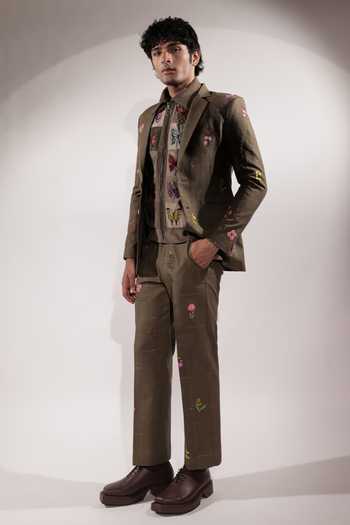 Buy_Jubinav Chadha_Olive Green Linen Floral Embroidered Blazer _Online_at_Aza_Fashions