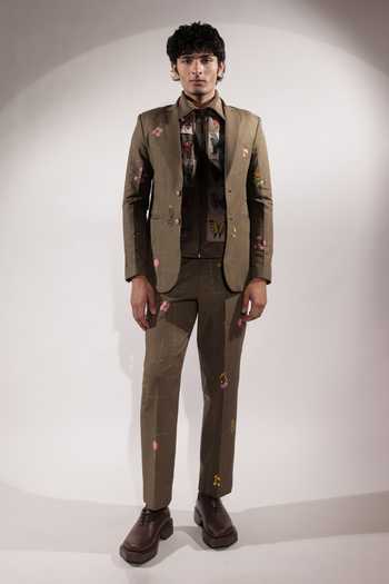 Shop_Jubinav Chadha_Olive Green Linen Floral Embroidered Blazer _Online_at_Aza_Fashions