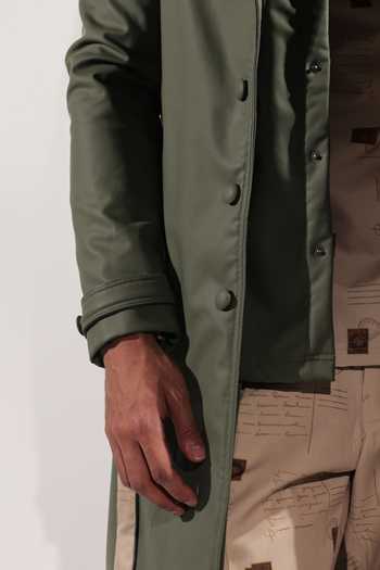 Shop_Jubinav Chadha_Green Leatherette Trench Coat With Belt _Online_at_Aza_Fashions