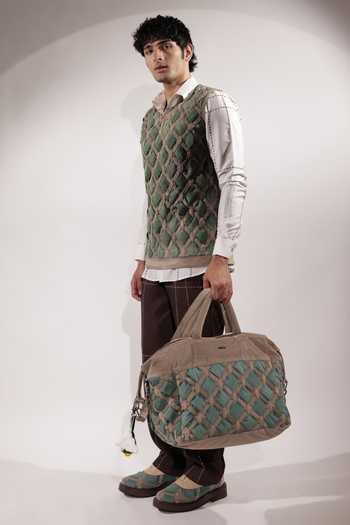 Jubinav Chadha_Green Suede Interwoven And Beige Vest _Online_at_Aza_Fashions