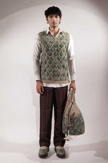 Buy_Jubinav Chadha_Green Suede Interwoven And Beige Vest _Online_at_Aza_Fashions