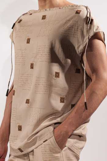 Jubinav Chadha_Beige Crepe Postcard Print Dust Bag Top _Online_at_Aza_Fashions