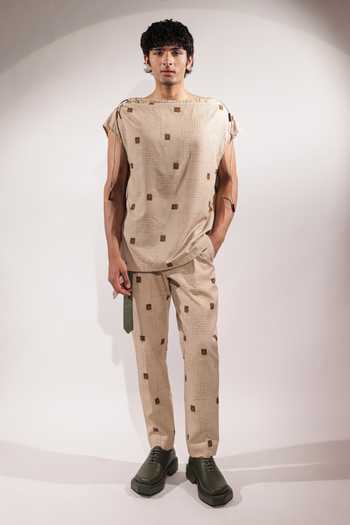 Buy_Jubinav Chadha_Beige Crepe Postcard Print Dust Bag Top _Online_at_Aza_Fashions