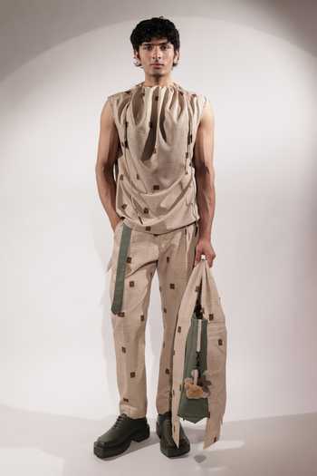 Shop_Jubinav Chadha_Beige Crepe Postcard Print Dust Bag Top _Online_at_Aza_Fashions