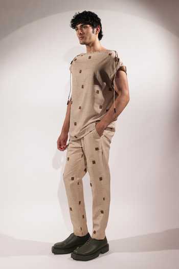 Jubinav Chadha_Beige Crepe Postcard Print Dust Bag Top _at_Aza_Fashions