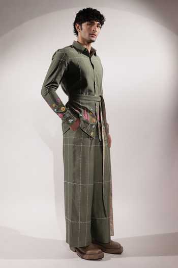 Buy_Jubinav Chadha_Green Silk, Cotton Kantha And Floral Embroidered Shirt _Online_at_Aza_Fashions