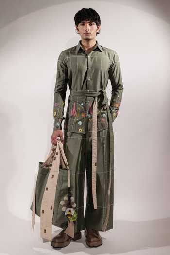 Shop_Jubinav Chadha_Green Silk, Cotton Kantha And Floral Embroidered Shirt _Online_at_Aza_Fashions