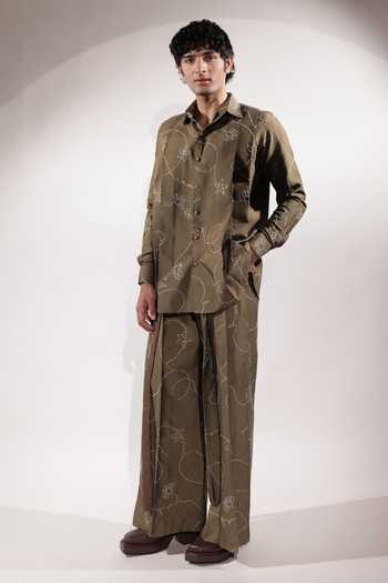 Jubinav Chadha_Olive Green Silk, Cotton Scribbling Kantha Embroidered Shirt _Online_at_Aza_Fashions