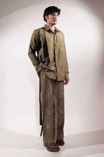 Buy_Jubinav Chadha_Olive Green Silk, Cotton Scribbling Kantha Embroidered Shirt _Online_at_Aza_Fashions