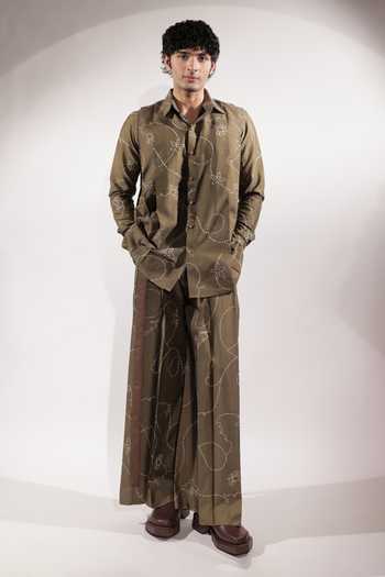 Shop_Jubinav Chadha_Olive Green Silk, Cotton Scribbling Kantha Embroidered Shirt _Online_at_Aza_Fashions